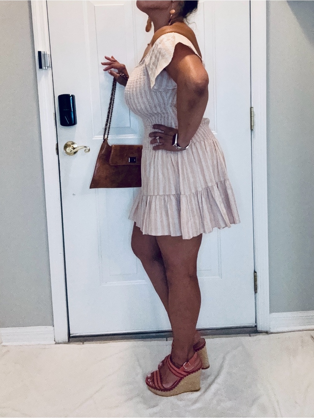 Le Lis beige\tan with a peachy hue Tiered Ruffle Mini Dress